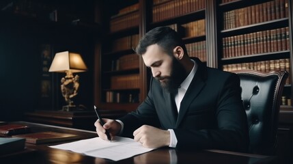 Elegant Businessman Signing Documents in a Luxurious Library Office