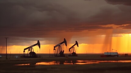 Oil Pumps at Sunset Under Dramatic Skies