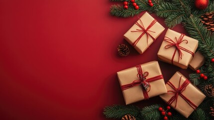 Handcrafted Christmas wreath adorned with vibrant holly, pinecones, and festive ornaments, creating a warm holiday ambiance with wrapped gifts nearby.