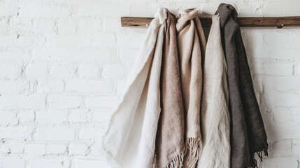 Fototapeta premium Kitchen towels elegantly hanging on a wooden rack, showcasing earthy tones against a textured white brick wall.