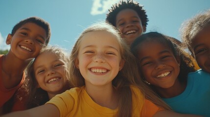 Fototapeta premium A group of children are smiling and posing for a picture