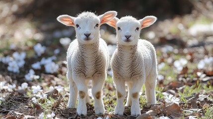 Obraz premium Two adorable lambs standing in a grassy area adorned with white flowers.