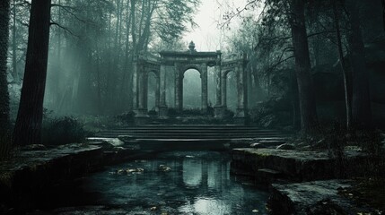 Fototapeta premium Ancient ruins of a grand temple shrouded in mist, surrounded by dark trees and reflected in a still, eerie pond in a mystical forest setting.