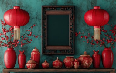A 3D rendering in the style of Chinese art, featuring a symmetrical composition with red lanterns and vases placed on both sides of a picture frame. 