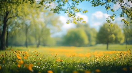 Obraz premium Vibrant spring landscape with blooming meadow, lush green trees, and clear blue sky illuminated by warm sunshine