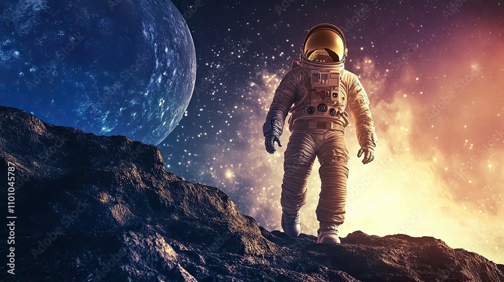 Wall mural astronaut walking on alien planet surface towards distant planet