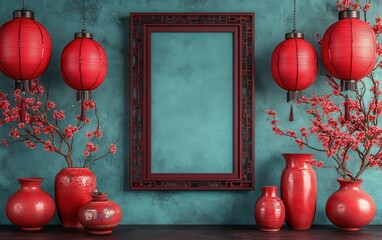A 3D rendering in the style of Chinese art, featuring a symmetrical composition with red lanterns and vases placed on both sides of a picture frame. 