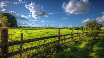 Fototapeta premium A charming rural landscape featuring a patchwork of green and gold fields, wild grass, and a simple wooden fence under a dramatic sunset.