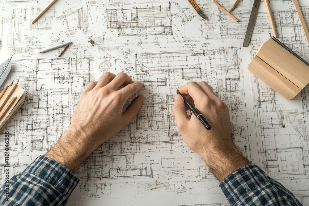 Poster a person is drawing architectural plans on a table covered with tools and materials, showcasing crea