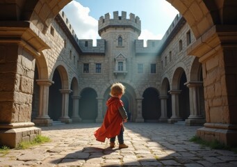 Naklejka premium Child dressed in cape explores medieval castle courtyard during sunny day