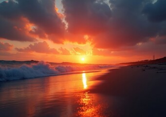 Obraz premium Vibrant sunset reflecting on peaceful ocean waves at a serene beach location