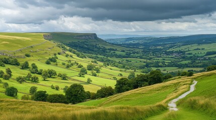 Obraz premium Serene landscape of lush green hills with winding trails under a dynamic cloudy sky, showcasing rural tranquility and natural beauty.