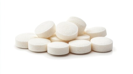 Organic white sea salt tablets stacked in a neat pile on a clean white background, showcasing their round shape and smooth texture.