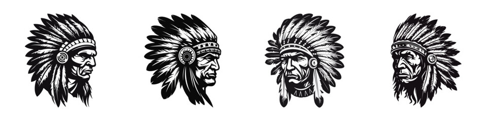 Black and white tribal chief head illustration. Generative AI.