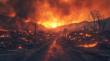 The aftermath of a wildfire showcases the destruction of homes, urging action to address climate change and protect communities.