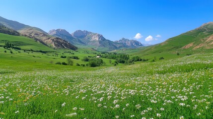Vibrant panoramic view of lush green meadows blooming with wildflowers beneath a clear blue sky and majestic mountains on a sunny spring day.