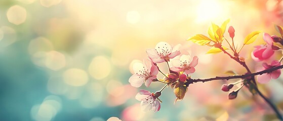 Fototapeta premium Sunlit spring blossoms with soft blurred nature background in retro tone – ideal banner design