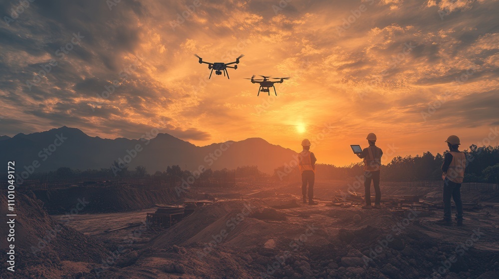 Poster Two drones fly in a sunset sky while three figures observe the scene, surrounded by mountains and a construction site.