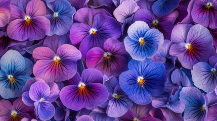 Vibrant close-up of lilac and violet pansy flowers creating an abstract floral tapestry, embodying the beauty and essence of springtime blooms.