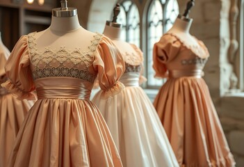 Elegant Peach Ivory Vintage Dresses on Display Historical Fashion Boutique Gown Apparel