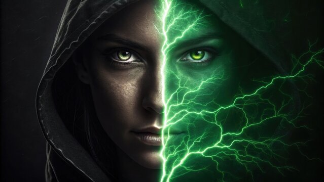 A dramatic depiction of a face where one side is cloaked in darkness creating a mysterious aura while the opposing side is illuminated with an electric green glow. The contrast
