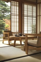 Fototapeta premium Tranquil Japanese-Style Living Space With Autumn Scenery