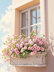 Charming window box overflowing with pink and purple flowers, petunias, springtime