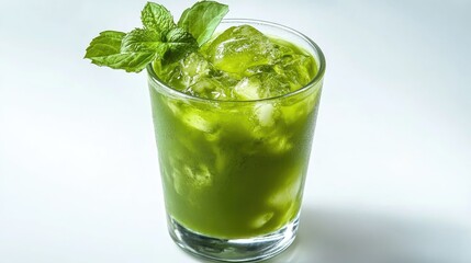 Refreshing green matcha beverage served over ice, garnished with fresh mint leaves, showcasing its vibrant color and health benefits.