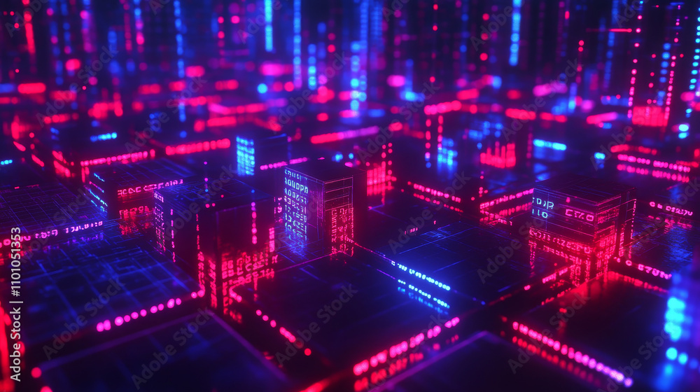 Poster a computer program's code is shown with flashing red and blue lights. it's a 3d image representing b