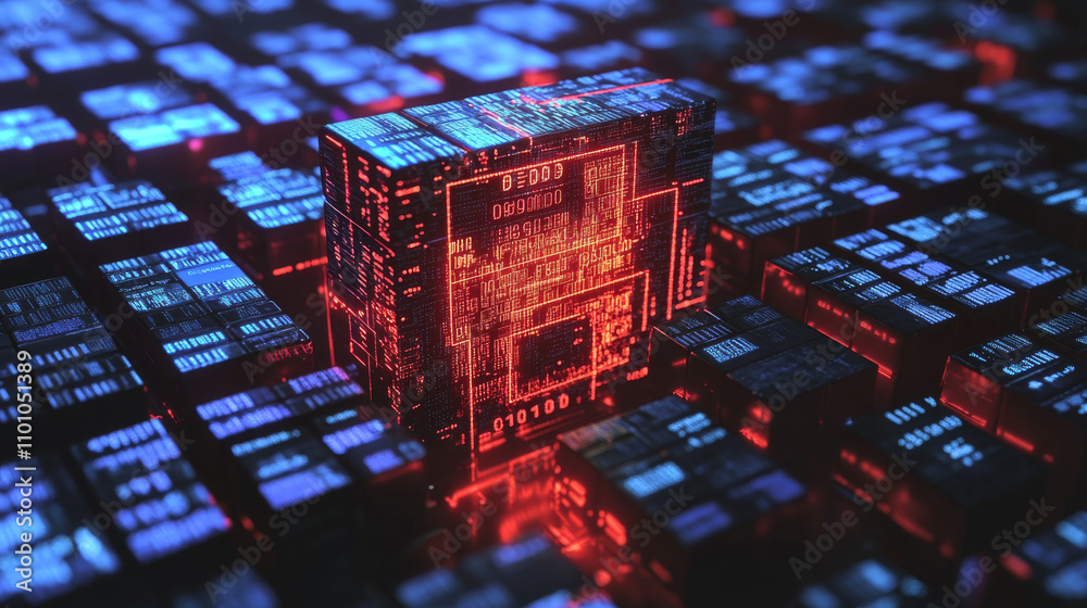 Poster a computer program's code is shown with flashing red and blue lights. it's a 3d image representing b