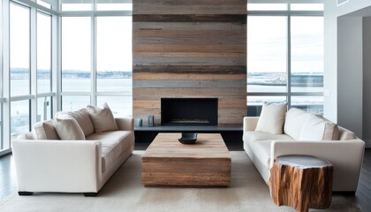Fototapeta premium Cozy and Minimalist Living Room with Panoramic Lake View