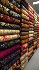 Colorful fabric rolls stacked neatly in a store.