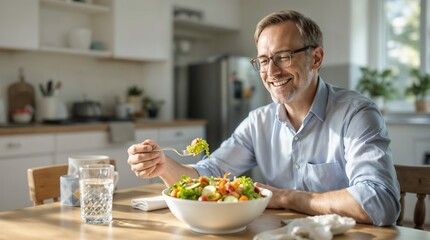 Smiling man eating a vegetable salad at a bright kitchen table