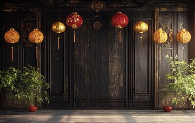 A stunning 3D rendering of a Chinese-style space with a black wooden background wall, lanterns hanging with red and yellow ornaments. 