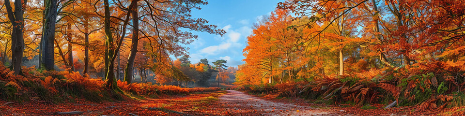 Obraz premium A peaceful autumn walk in the New Forest, featuring a forest path flanked by tall trees with bright orange and yellow leaves, and sunlight dappling through the canopy.