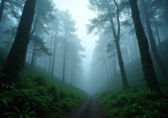 Fototapeta premium Misty forest path in early morning light with towering trees and dense fog