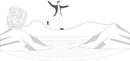 Fototapeta premium Businessman walk on thin rope, escape from tangled messy line