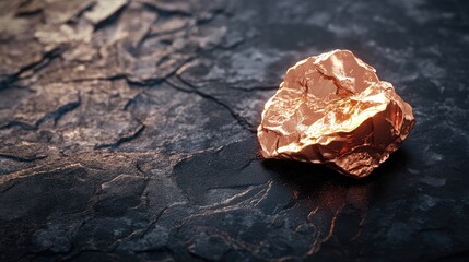 Obraz premium Raw copper nugget with a shiny metallic surface resting on a textured dark background, showcasing its natural form and earthy tones.