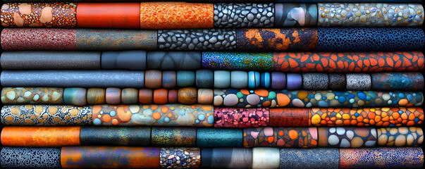 Colorful, textured cylindrical shapes arranged in rows.