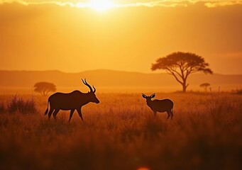 Silhouetted antelopes walking across golden savanna at sunset near a lone tree
