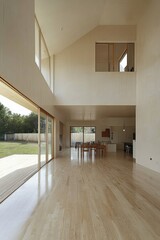 Fototapeta premium Elegant and Spacious Modern Interior with Large Windows and Open Plan Layout