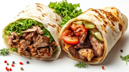 Shawarma and doner kebab wraps filled with fresh greens, tomatoes, and grilled meats, displayed on a clean white background.