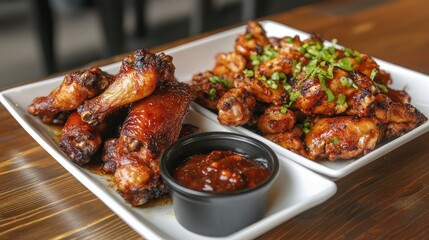 Fototapeta premium Grilled chicken wings served with a tangy dipping sauce, alongside crispy broasted chicken topped with green onions on a white plate.
