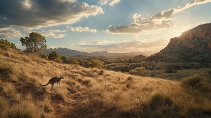 Naklejka premium A kangaroo stands in a vast, sunlit landscape, surrounded by golden grass and distant mountains under a dramatic sky.