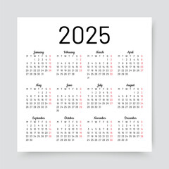2025 calendar. Yearly calender template. Week starts Monday. Organizer grid with 12 months. Calendar layout for year in English. Pocket square simple design. Vector illustration.