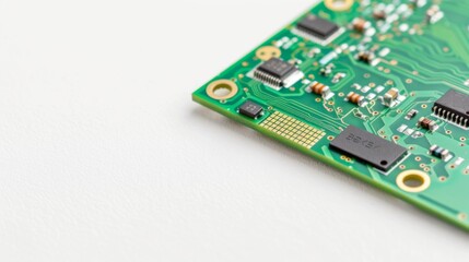 Obraz premium Close-up of a semiconductor chip with detailed electronic components and circuits on clean white background, ideal for tech and engineering projects.