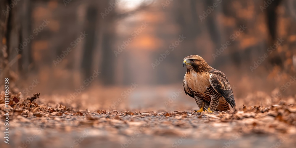 Poster a hawk perches on a leaf-covered path in a serene autumn forest, surrounded by blurred trees and war