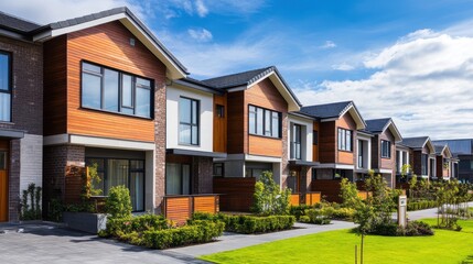 Obraz premium Modern suburban row houses with well-kept gardens under blue sky