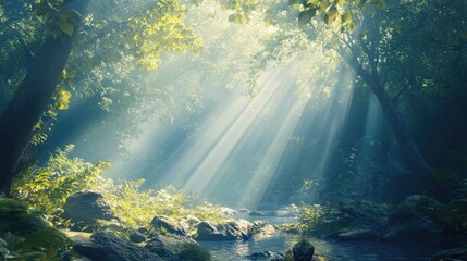 Fototapeta premium Luminous forest landscape with sunbeams filtering through dense leaves over a serene stream surrounded by smooth rocks and lush greenery.