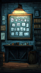 Dimly lit, detailed interior scene of a dark tavern or study with a bulletin board, bookshelves, and a counter.